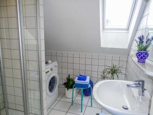 美因茨City-Dachapartment Mainz的一间带洗衣机和水槽的浴室