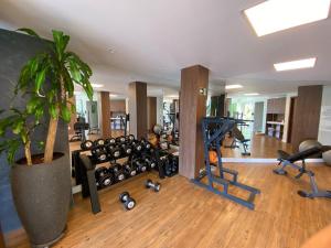 格拉玛多Hotel Serrano Gramado - Apto Particular 452的健身房,配有许多健身器材和盆栽