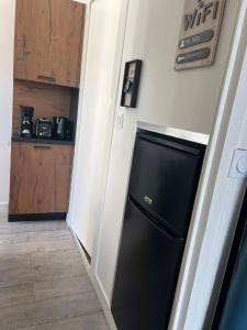 艾克斯莱班Le Terminus的走廊上的厨房配有黑色冰箱