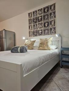 库尼奥Good Times Accomodation Cuneo的卧室配有带枕头的大型白色床