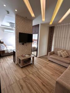 安曼AlQimah Hotel Apartments的带沙发和平面电视的客厅