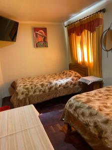 波托西Residencial 10 de Noviembre的酒店客房设有两张床和窗户。