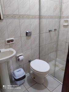 贝伦Hotel Paraiso Belém的浴室配有卫生间、淋浴和盥洗盆。