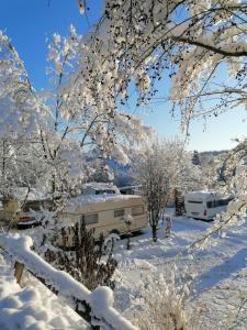 布劳恩拉格Campingplatz Am Bärenbache的雪覆盖的院子,有两根长长的背景