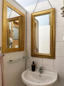 莱比锡地球家园旅舍的一间带水槽和镜子的浴室