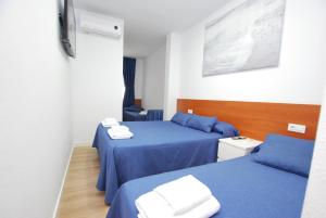 滨海比拉萨尔Hotel Tres Leones的一间设有两张蓝色床单的床的房间