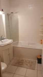 南特Location chambre privée avec salle de bain et WC privatifs dans appartement moderne的一间带水槽、浴缸和卫生间的浴室