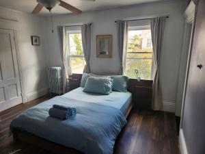 曼切斯特Street side studio apartment的一间卧室配有一张带蓝色枕头的大床
