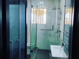 伊巴丹Luxurythemain的一间带玻璃淋浴和水槽的浴室