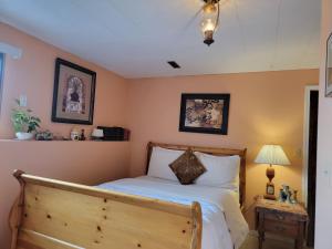 坎卢普斯Charming - 2 bedrooms basemnt, 1 full bath & rec room的一间卧室配有一张带木制床头板的床