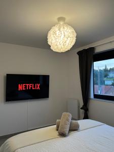 圣尼古拉Liège Luxe & Jacuzzi sous les étoiles的一间卧室配有一张带电视和吊灯的床。
