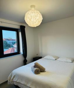 圣尼古拉Liège Luxe & Jacuzzi sous les étoiles的一间卧室配有两张床和吊灯。