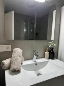 圣尼古拉Liège Luxe & Jacuzzi sous les étoiles的白色浴室水槽、镜子和毛巾