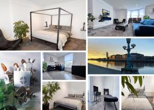 埃克塞特Perfectly located City Centre apartments的一张带床和家具的房间的照片拼合在一起