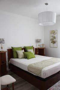 卡斯卡伊斯ARRUDA LUXURY APARTMENT with AC的一间卧室配有一张带绿色枕头的大床