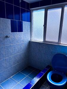 波托西HOSTAL SAN MARCOS POTOSÍ的浴室设有蓝色的卫生间和蓝色的瓷砖。