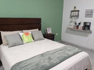 圣何塞德尔卡沃Estudio Biznaga的一间卧室配有一张大床和木制床头板