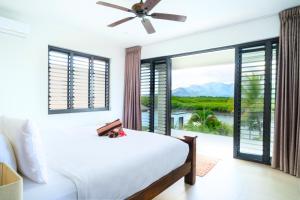南迪Naisoso Island Villas - Fiji的一间卧室设有一张床和一个大窗户