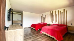 派帕Rio de piedras Hotel de alto rendimiento的一间卧室配有两张带红色床单和镜子的床
