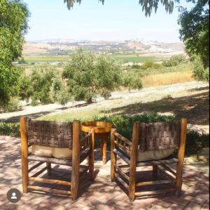 阿尔科斯-德拉弗龙特拉Cortijo Bablou - Maison de vacances的两把椅子坐在带桌子的庭院