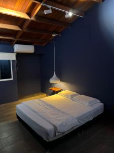 RodaderoSACRAMENTO的一间卧室设有一张蓝色墙壁的大床