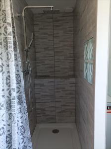 拉加西利Panoramique floral的带淋浴和浴帘的浴室