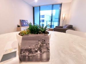 悉尼Spacious1 BR@waterfront Olympic Park_free carpark的一张桌子上带有城市图的花瓶