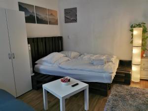 特里尔Trier City Center Apartments Altstadt的一间小卧室,配有一张床和一张桌子