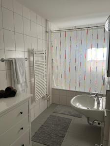 伯尔尼Lorraine的白色的浴室设有水槽和淋浴。