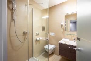 施韦夏特Das Reinisch Hotel & Restaurant的带淋浴、卫生间和盥洗盆的浴室