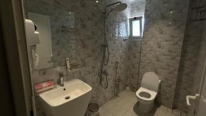 哈萨لاقونا للشقق المخدومة的一间带水槽、淋浴和卫生间的浴室
