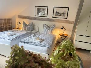 明斯特Weberhof Apartment 2的配有两张床铺的房间,配有两盏灯和植物
