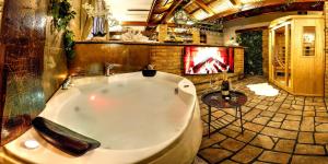 帕尔杜比采BIRDIE Pension & Wellness的带壁炉的客房内的大浴缸