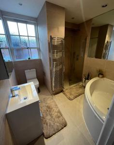 SurbitonThe Victorian Rooms的带浴缸、盥洗盆和卫生间的浴室