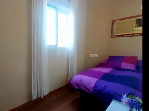 塞维利亚Enladrillada.Parking Incluido.Cuna del Flamenco的一间卧室设有紫色的床和窗户