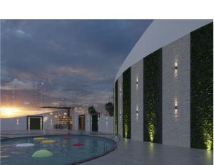 迪拜MD Hotel By Gewan的享有带游泳池的建筑景致