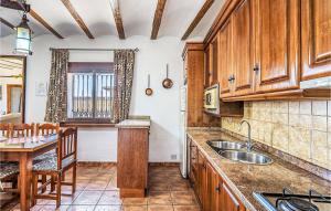 Cuevas del CampoCasa Triana的厨房配有木制橱柜、桌子和水槽。
