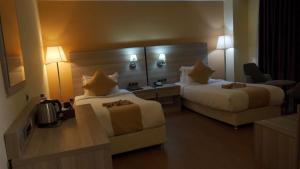 亚的斯亚贝巴Holiday Hotel Addis Ababa的酒店客房,设有两张床和一张沙发