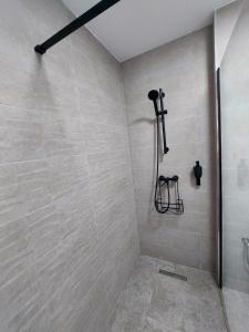 普洛耶什蒂Raluca cozy apartment's的一间带淋浴的浴室和瓷砖墙