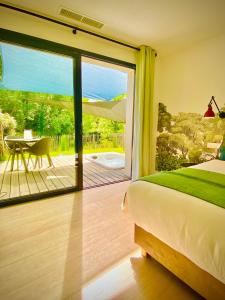 阿尔比Chambres avec Jacuzzi privatif - Kassiopée Bed & Spa的一间卧室设有一张床和一个滑动玻璃门