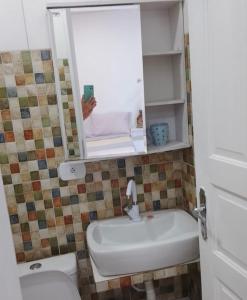 博阿维斯塔Hostel Carol的一间带水槽、卫生间和镜子的浴室