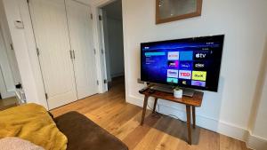 伦敦Modern & stylish 1 bedroom flat的客厅设有壁挂式平面电视。