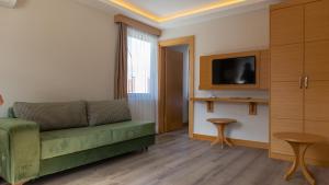 伯萨LOTUSPARK HOTEL的客厅配有绿色沙发和电视