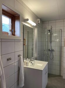 斯塔姆松Charming Rorbu Stamsund Lofoten的一间带水槽和淋浴的浴室
