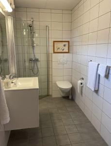 斯塔姆松Charming Rorbu Stamsund Lofoten的一间带水槽、卫生间和淋浴的浴室