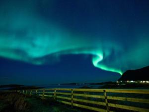 斯塔姆松Charming Rorbu Stamsund Lofoten的天空中的一个极光,在栅栏和海洋上