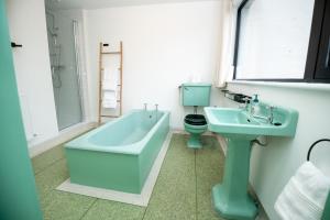 Droíchead an ChláirLakehouse Inchiquin的浴室配有蓝色浴缸和水槽