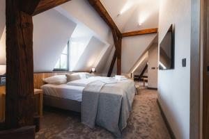 布拉迪斯拉发Hotel ALBRECHT的阁楼上的卧室配有一张大床
