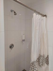 ŽabičiūnaiVasaknų dvaras的浴室内配有白色淋浴帘。