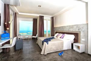里米尼巴尔迪尼尼酒店的配有一张床、一张书桌和一扇窗户的酒店客房